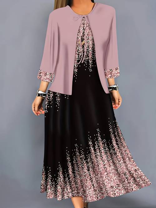 elegant dress set geometric pattern print fashion vacation outer collar jacket vest long dress set spring autumn regular casual set