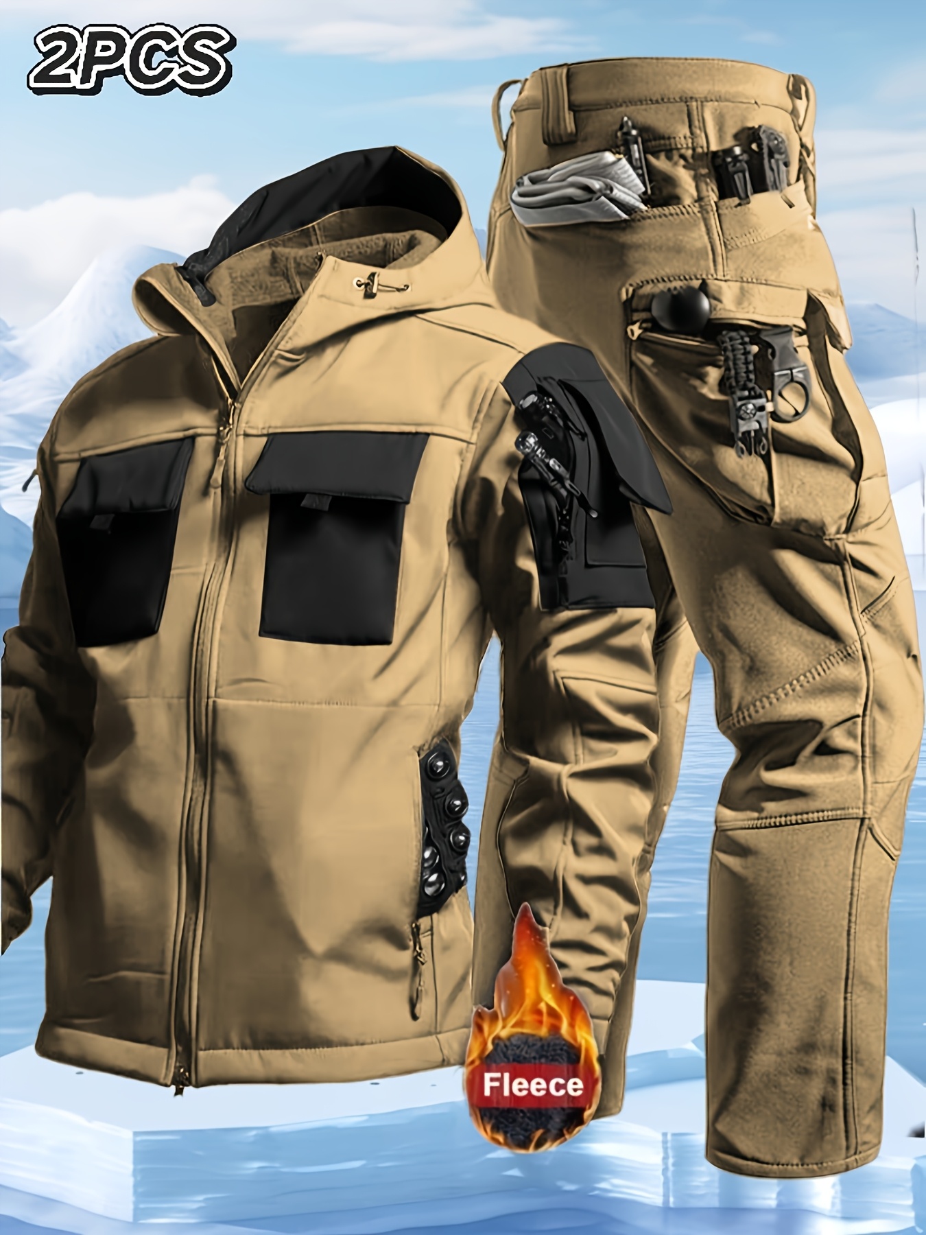 Men's Windproof Hooded Jacket & Insulated Cargo Pants Set