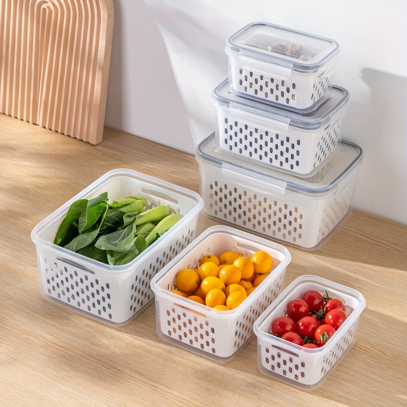 

6-piece Plastic Refrigerator Storage Bins Set With Removable Colander Basket - Airtight Food Containers For Fresh Produce - Food-safe Fridge Organizers