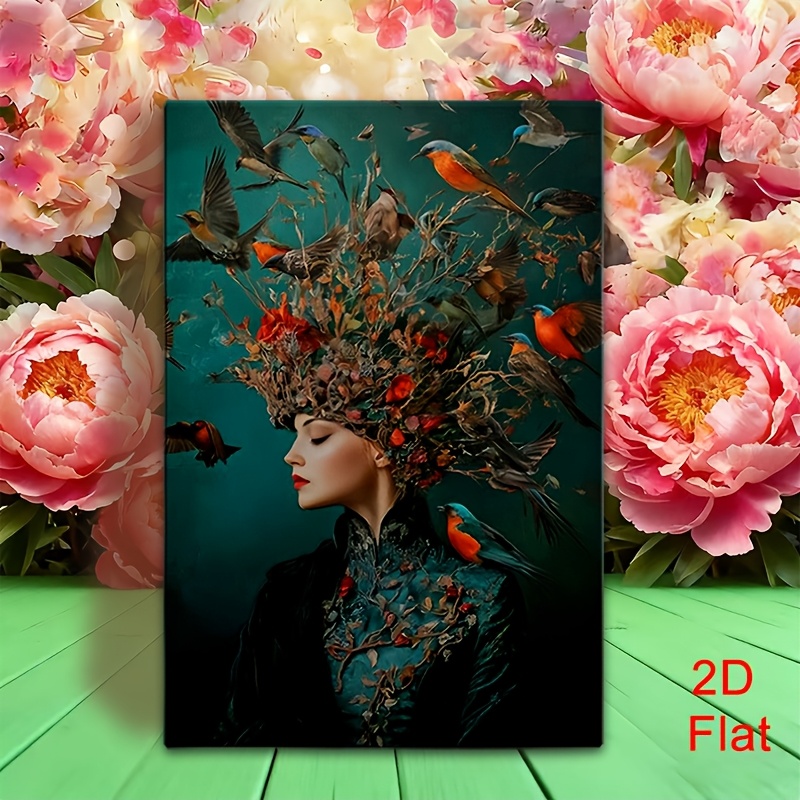 TEMU 1pc Framed 2d Canvas Wall Art - Woman With Floral Bird Crown & Teal Foliage, Vintage Botanical Painting, Wood Frame Boho Chic Nature Queen