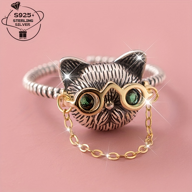 TEMU 1pc925 Sterling Silver Chain Glasses Cat Adjustable Ring For Women, Vintage Fashion Accessory Suitable For Valentine's Day, Daily Wear And Gift , Elegant For All , Women's Jewelry