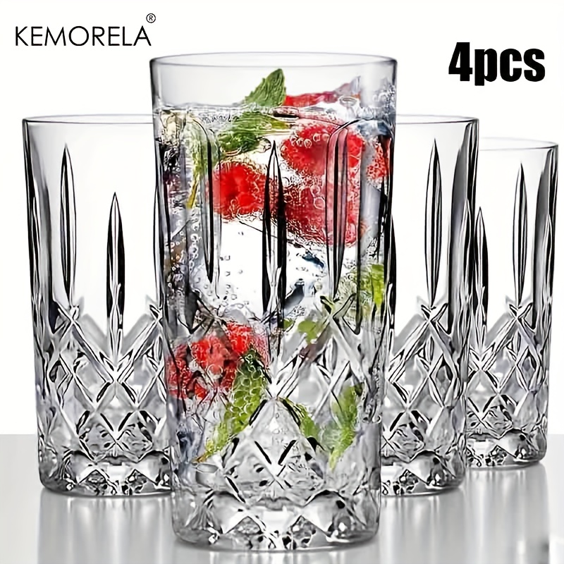 Image of Kemorela 4pcs Crystal Textured Glass Cups, Suitable For Whiskey, Beer, Coffee, Cold Drinks, Juice Glasses, Practical Drinkware Suitable For Restaurants, Parties, Wedding Banquets