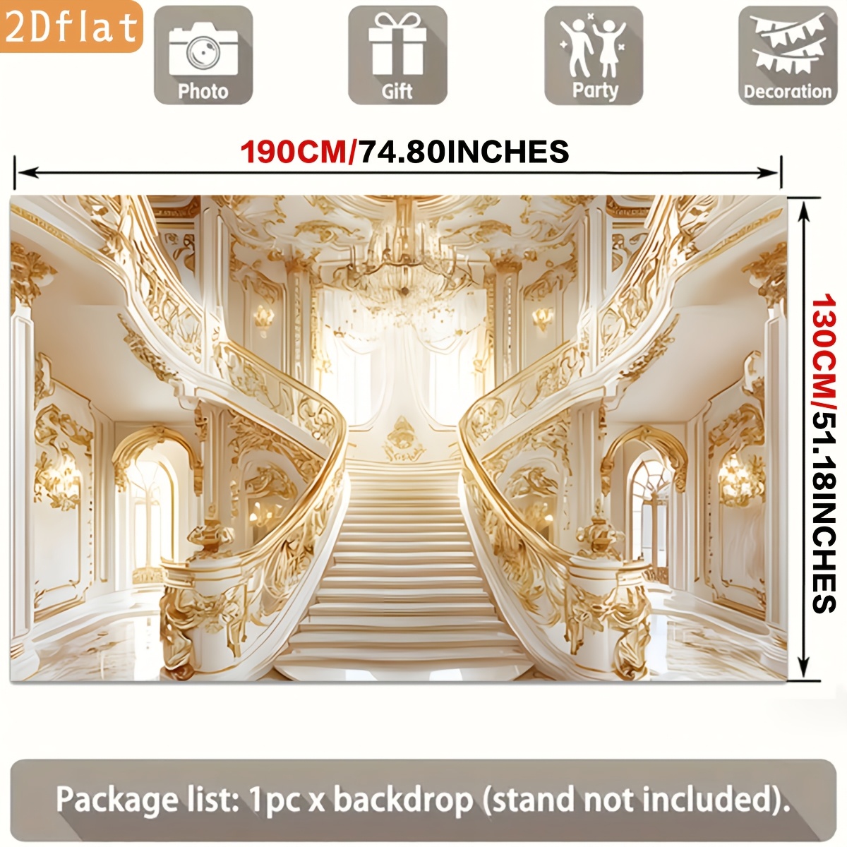 Golden Ornate Staircase White Marble Chandelier Backdrop Banner for Parties