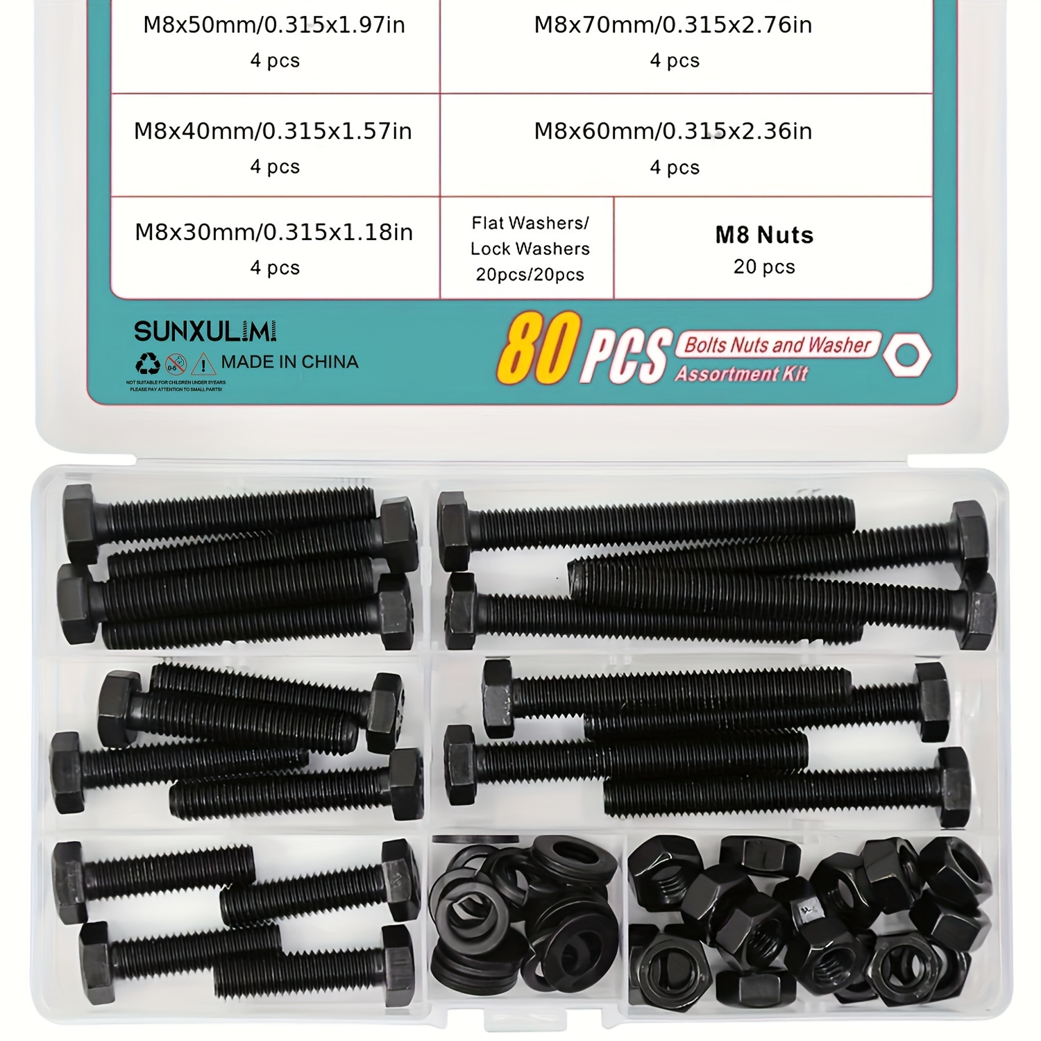 20Sets/80pcs M8 Hex Head Screws Bolts And Nuts Flat & Lock Washers  Assortment Kit Alloy Steel Grade 8.8 (30mm 40mm 50mm 60mm 70mm)