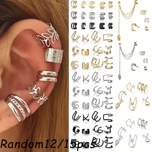 random 12pcs 15pcs womens fashion clip on earrings stylish simple luxurious old money style bohemian style high end quality versatile for daily wear elegant leaf shaped irregular star womens ear clip set