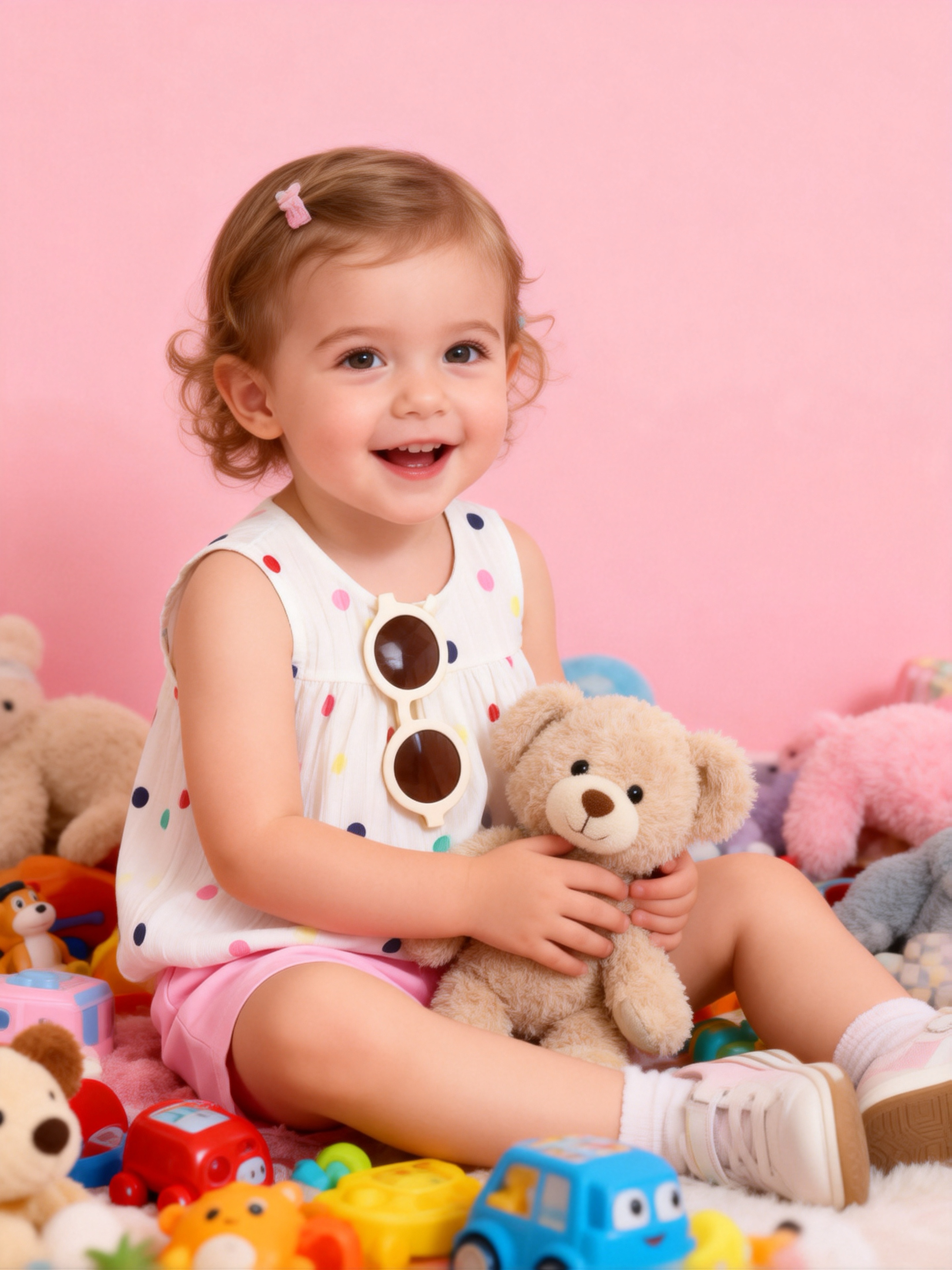 baby girl white solid color jacquard texture round neck sleeveless short pleated top with colorful polka dot print   with comfortable pink elastic waist shorts resort casual french   elegant outfit for spring p102311 Product details 1