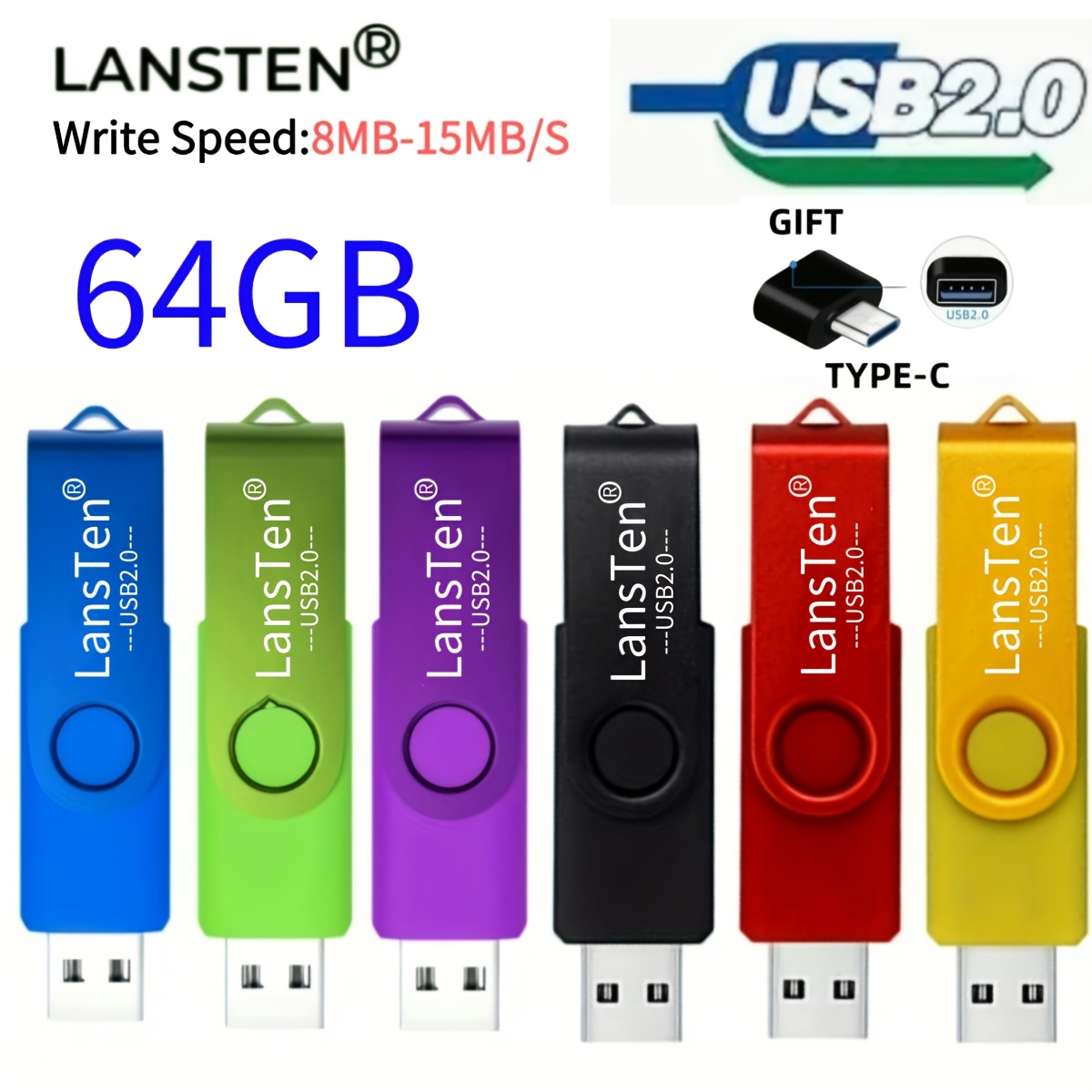 

Lansten 64gb Usb 2.0 - , & , File & , Includes Usb To -c Adapter -