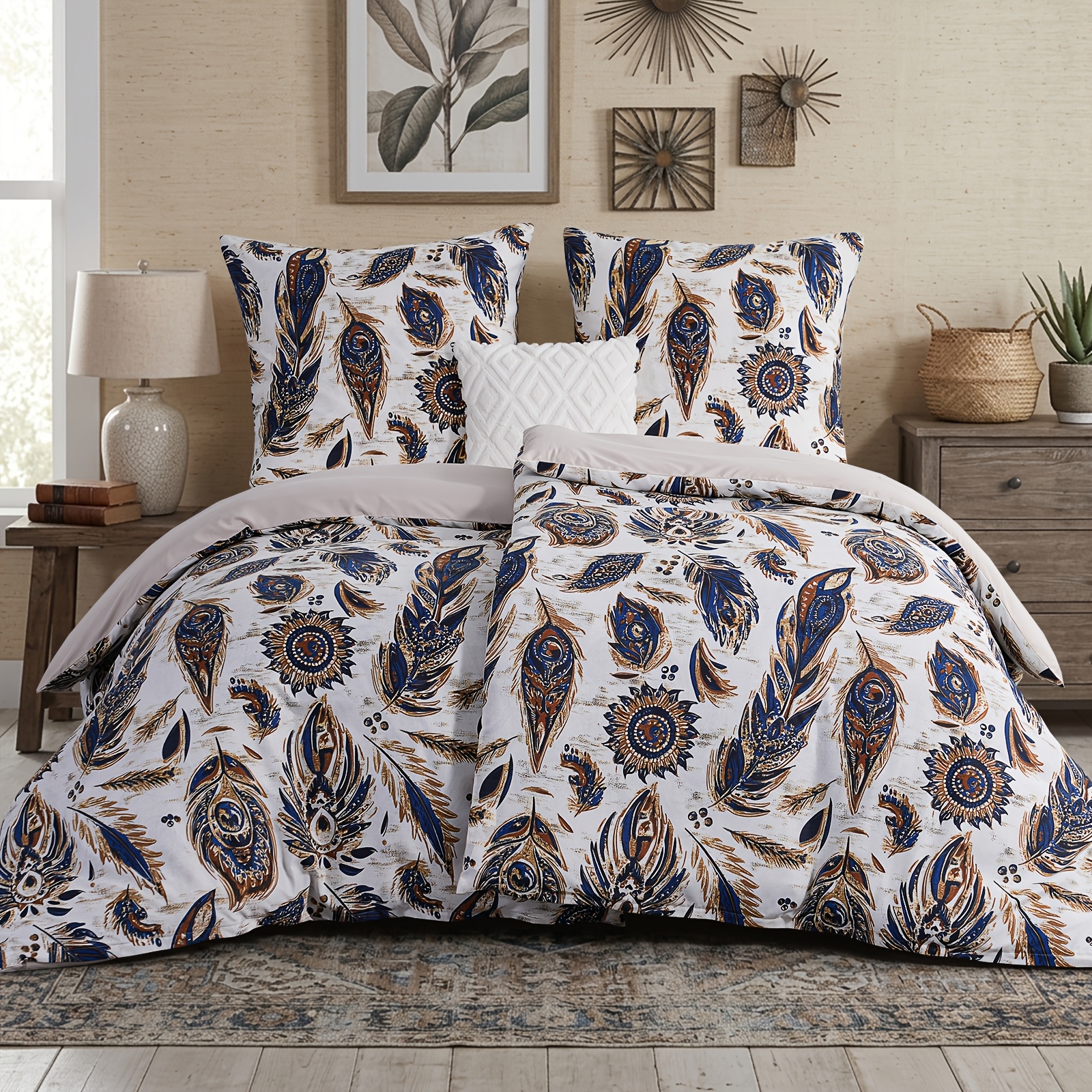 Image of Bedding 135x200 Cm, 4pcs, Duvet Cover - Bedding 135 X 200 Cm, Bohemian Vintage Pattern, With 2pcss Pillowcases 80x80 Cm, 2pcs Duvet Cover With Zipper, Iron-free And Soft
