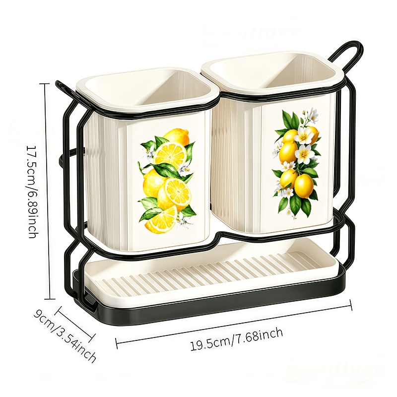 TEMU Küchenwerkzeug-Aufbewahrungsbox - Aufkleber mit Zitronen- und Blumenmuster - Utensilien-Organizer, mit abnehmbarem Tropfschutz, 2-in-1 und