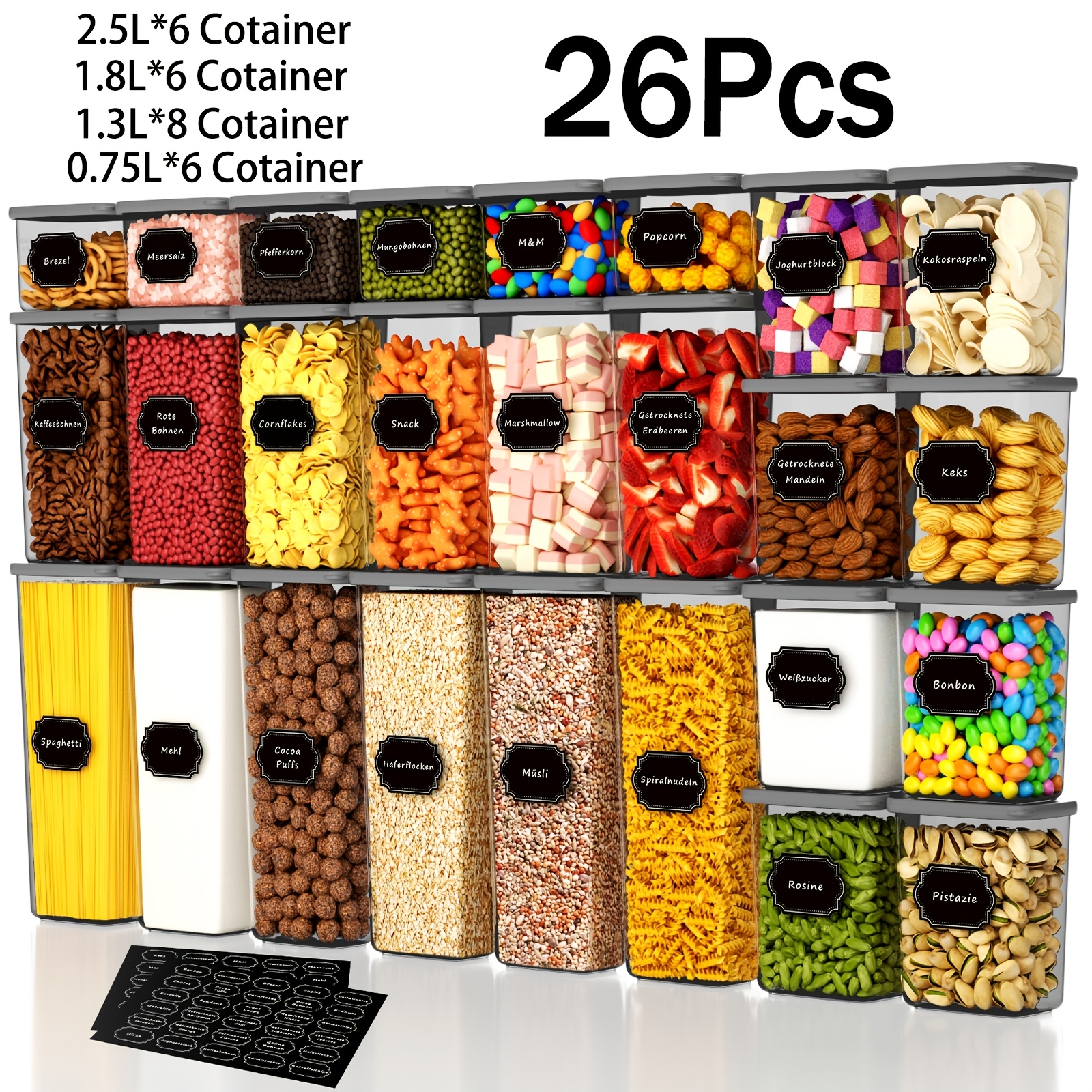 

26/24/12/6pcs For Kitchen Pantry Organization And Storage, Plastic Canister Set For Cereal, Pasta, Flour And Sugar, Food Warmers