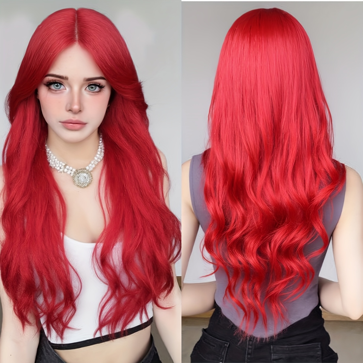 red curly wig with center part and bangs suitable for parties or halloween 28 inches long