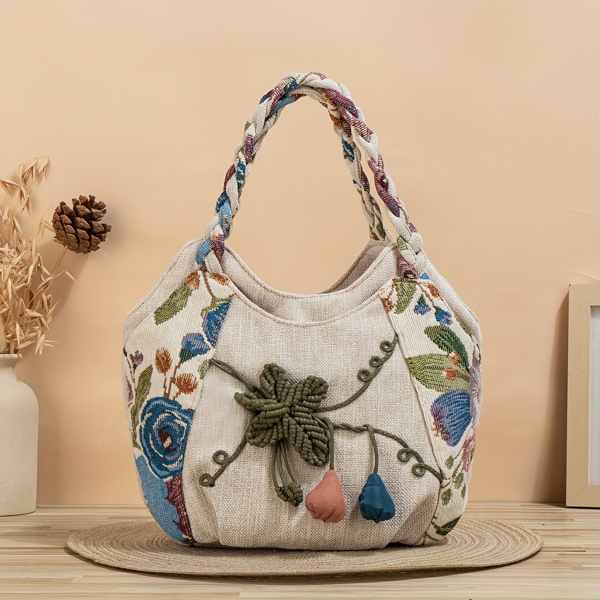

Boho Ethnic Style Small Hand-woven Satchel Bag, Classic Three-dimensional Flower Decor Travel Use Bag For Women