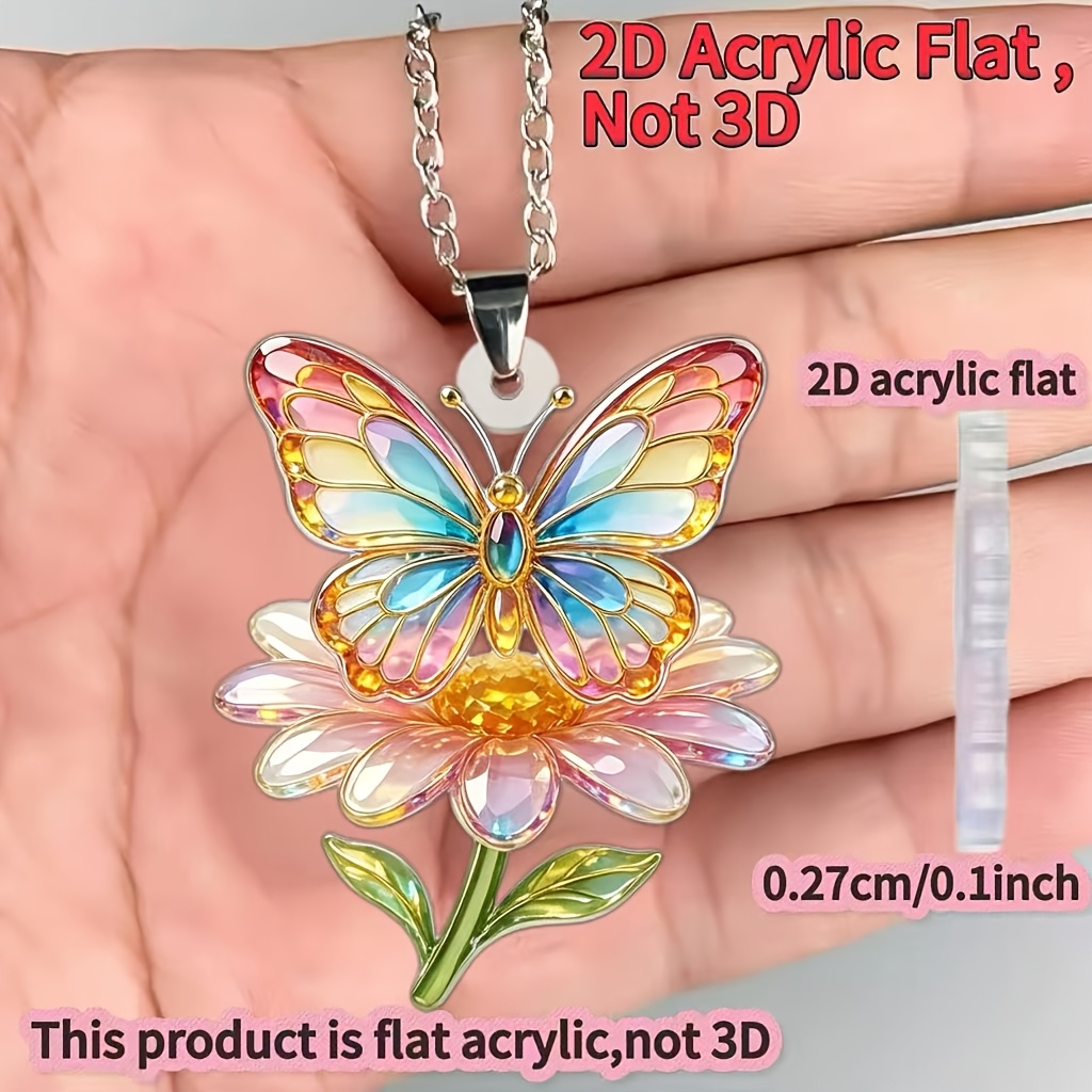 Flower & Butterfly Pattern Acrylic Necklace, Unique Design