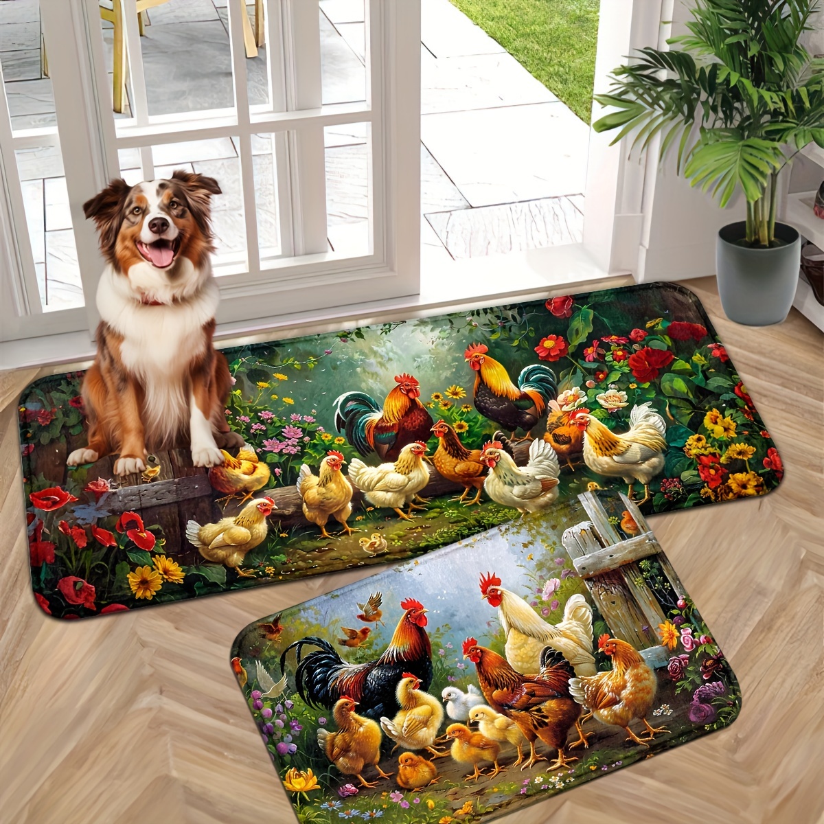 

Bright Farm Rooster And Floral Pattern Doormat - Non-slip, Machine Washable, Low Profile Indoor Entrance Mat, Polyester, Knit Weave, Chicken Flowers Rug For Home Decor