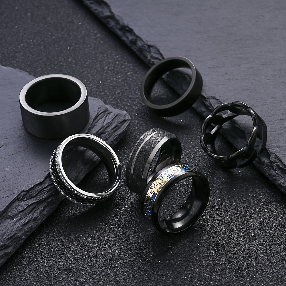 6pcs mens stainless steel black ring set durable rotating golden   simple yet elegant cool   6pcs set ideal fashion accessory Product details 5