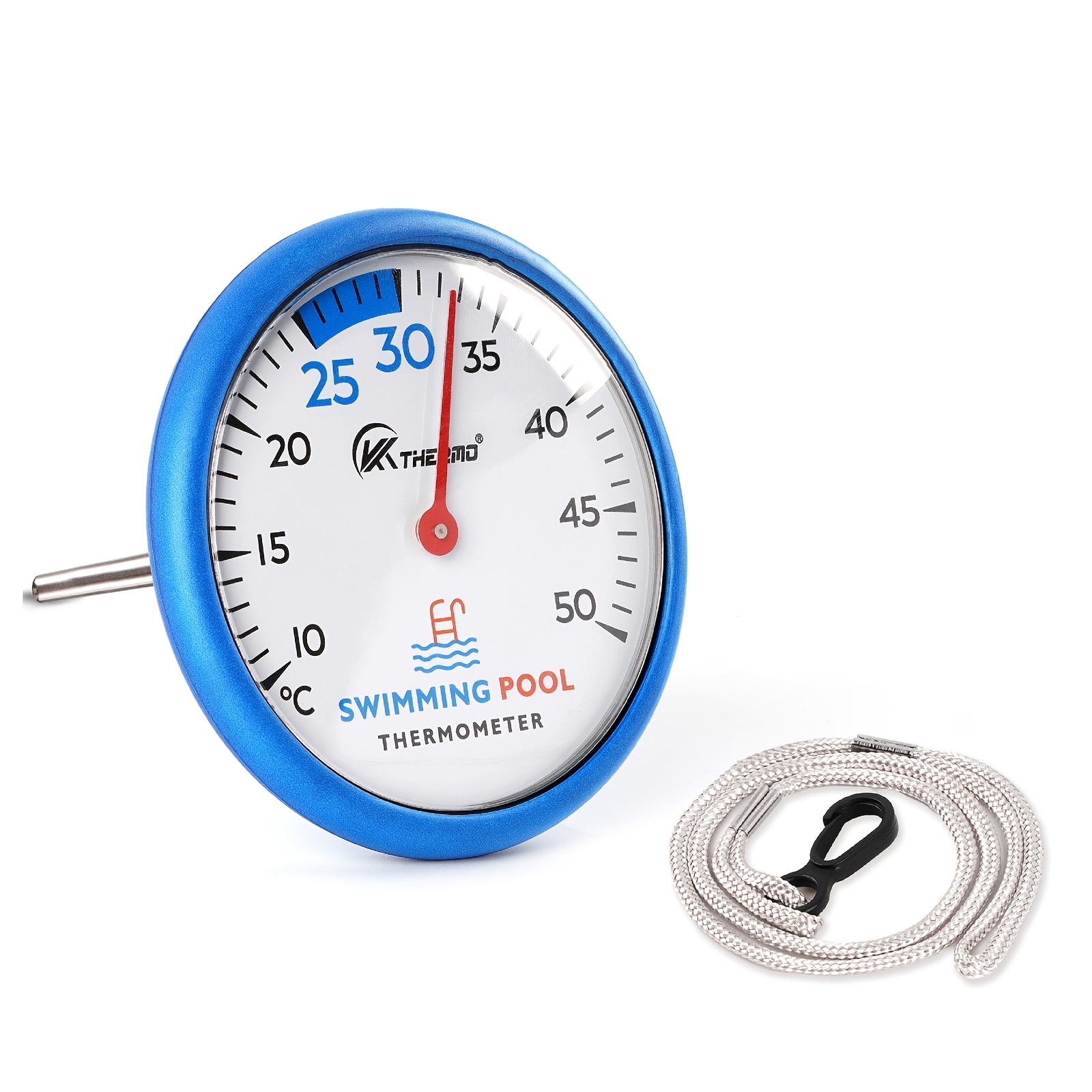 A Thermometer For Pools Featuring A Large, Easily Readable Dial, For Batteries, And With A Lanyard. Ideal For Spas, , Swimming Pools, Aquariums, And More