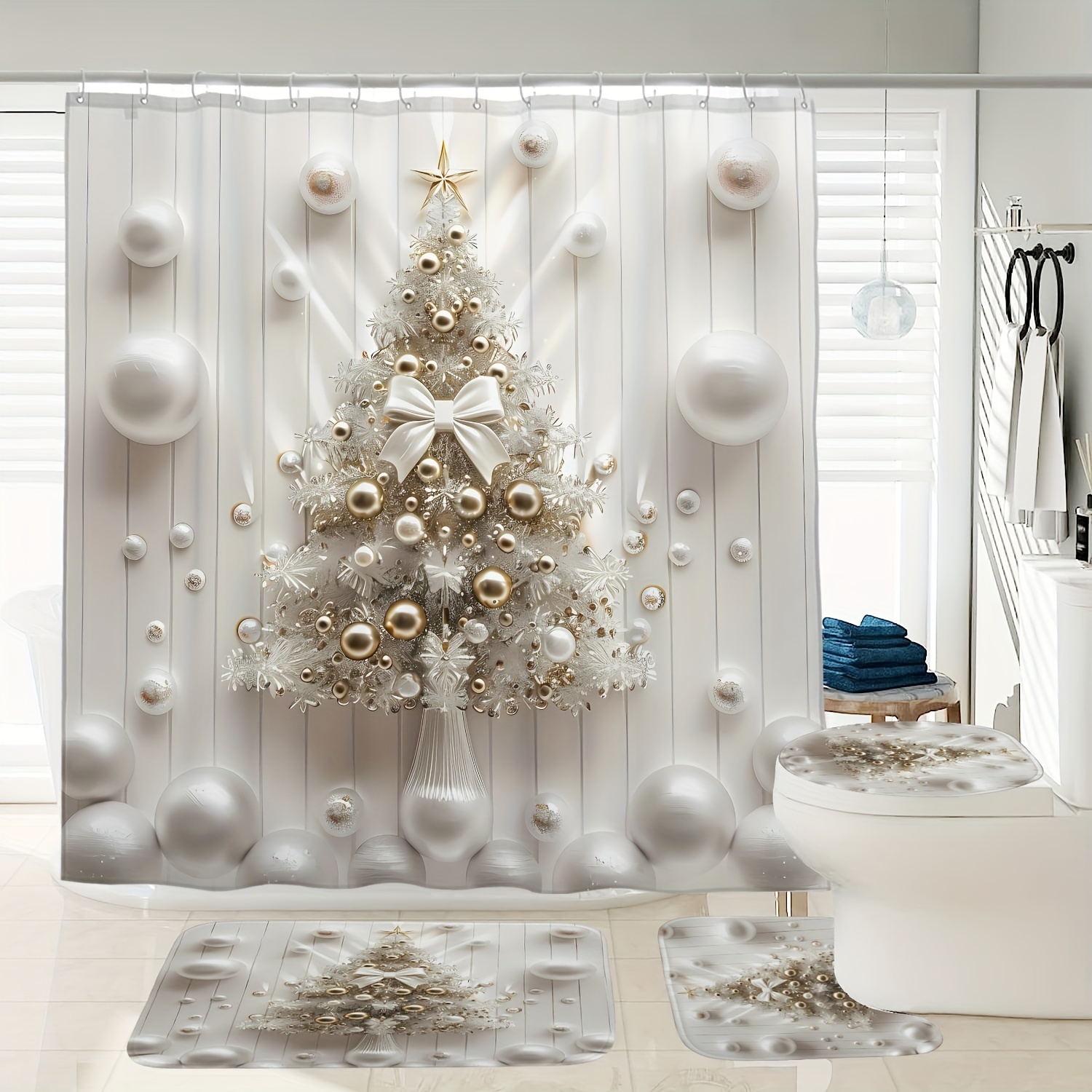 

1/3/4pcs Christmas Decoration Pattern Printed Shower Curtain Bath Mat Set, Bathroom Decoration Shower Curtain Carpet And Lid 12 Plastic , 72 X 72 , For Christmas