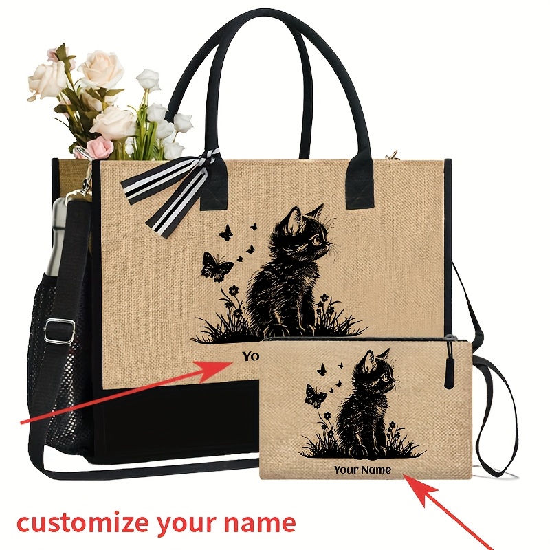 TEMU Personnalisé] Ensemble de 2 sacs à légers avec motif 884, impression personnalisée de votre nom – Sac shopping portable et trousse de