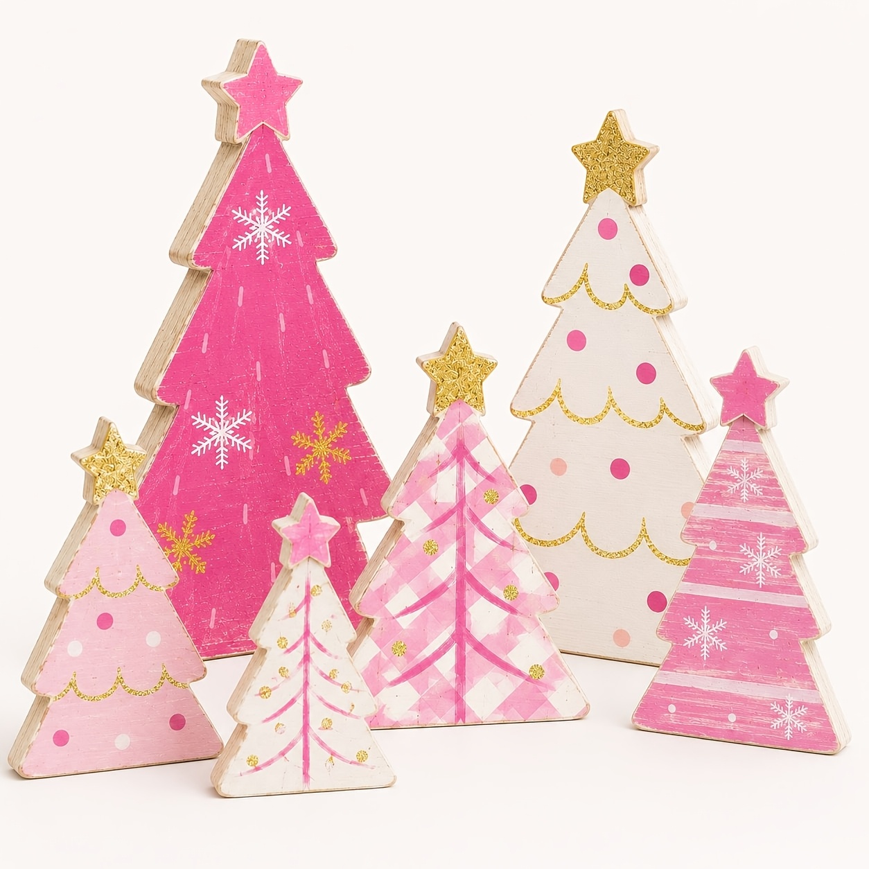 Image of Pink Christmas Tiered Tray Decor, Set Of 6 Distressed Farmhouse Pink Wooden Christmas Tree Cutout Ornaments, Multiple Sizes , Snowflake Farmhouse Winter Decorations For Mantle, Coffee Bar, Etc. Decor