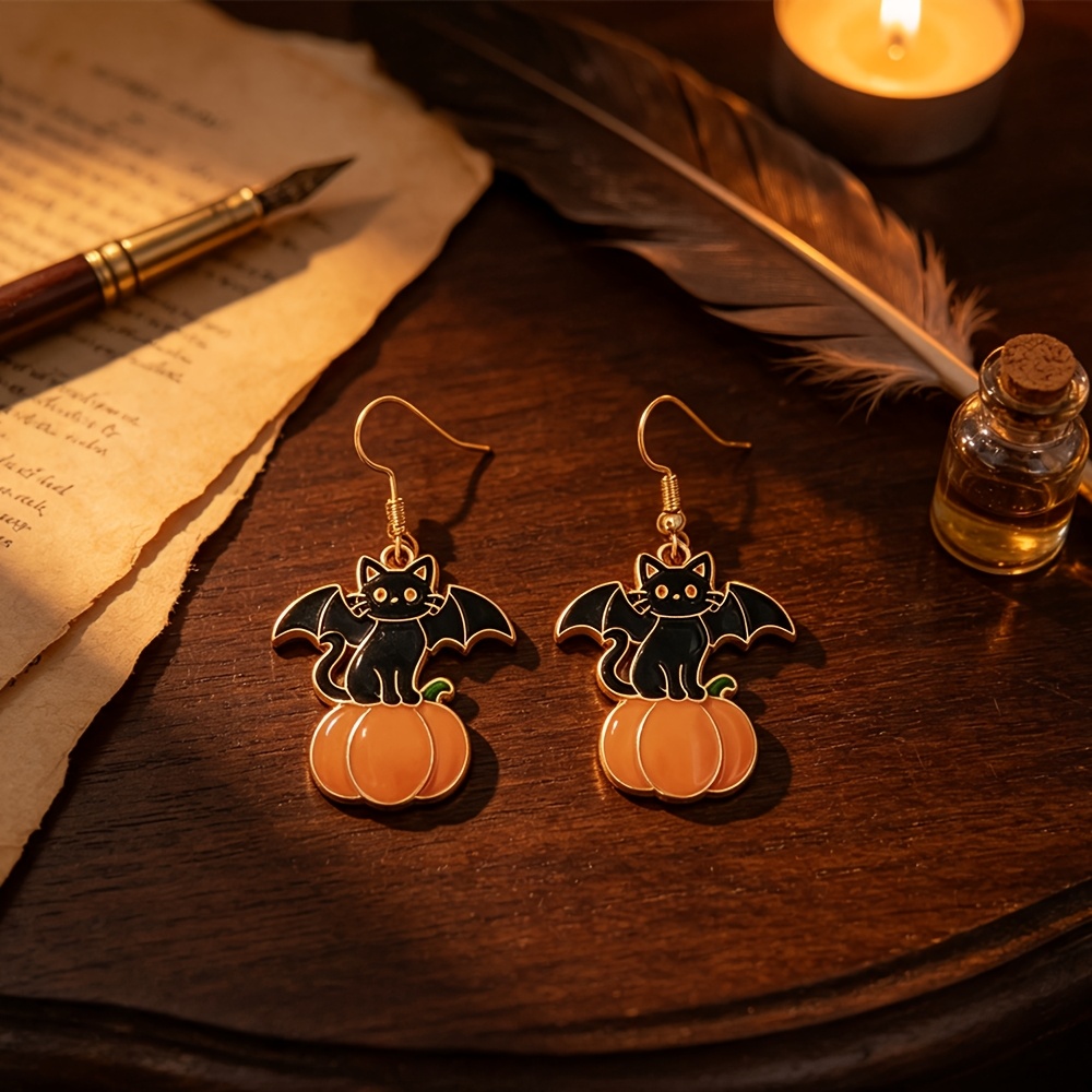 TEMU Boucles d'oreilles à d'huile d'Halloween, Boucles d'oreilles à crochet avec ailes de chauve-souris, et citrouille, Accessoires de costume pour