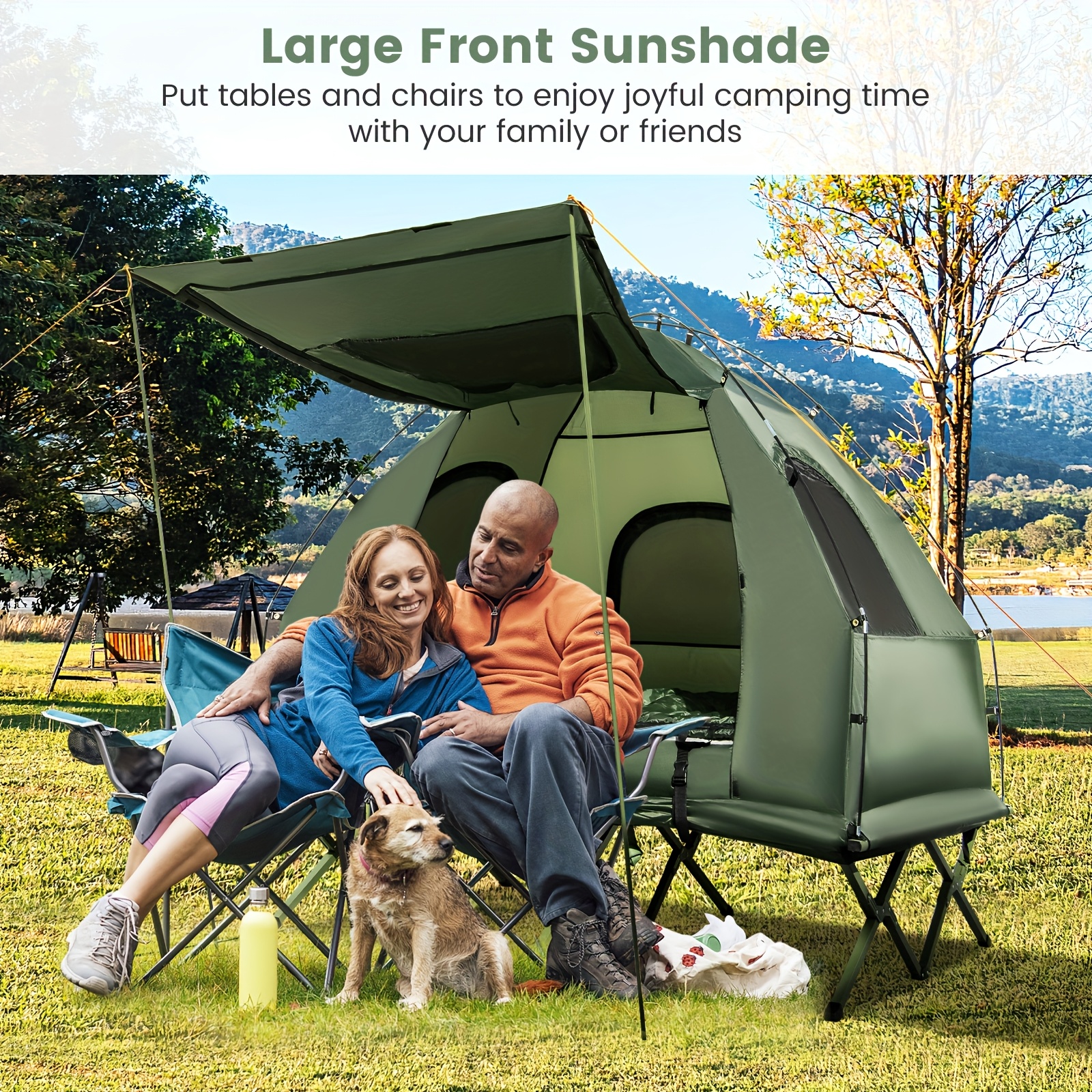 2-Person Camping Tent Cot, 5-in-1 Folding Camping Bed With Air Mattress, Pillow, Sleeping Bag, Waterproof Elevated Tent Shelter, Portable Outdoor Sleeping Cot With Carry Bag For Picnic, Trip