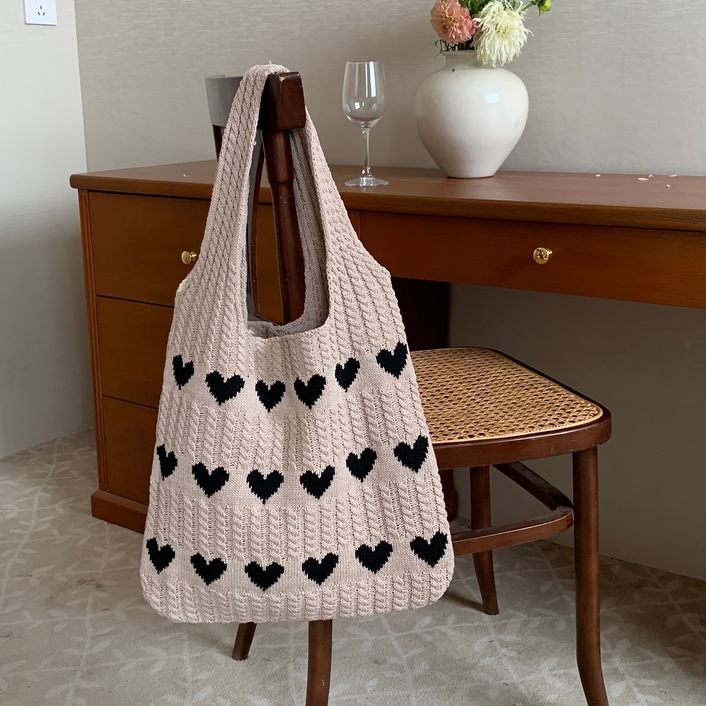 Fashion Knit Heart Pattern Handbag - Shoulder Bag, Valentine's Day Gift, Handcrafted Unlined, Elegant And Durable Shopping Bag