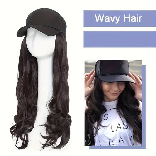 flattering womens hair integrated baseball cap hat wig instant long wavy hair extensions adjustable seamless synthetic for