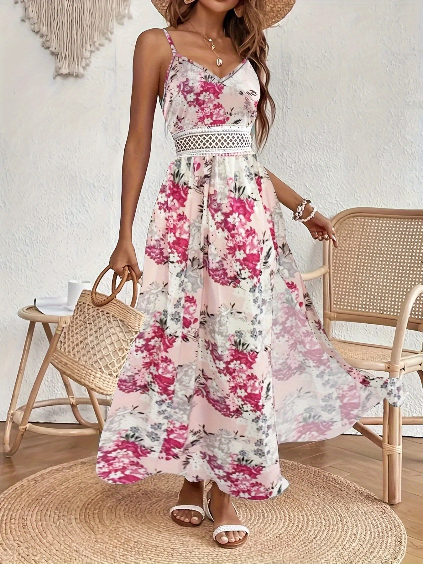 slim fit dress slacks Off White Floral Print Lace Trim Maxi Dress main image 0