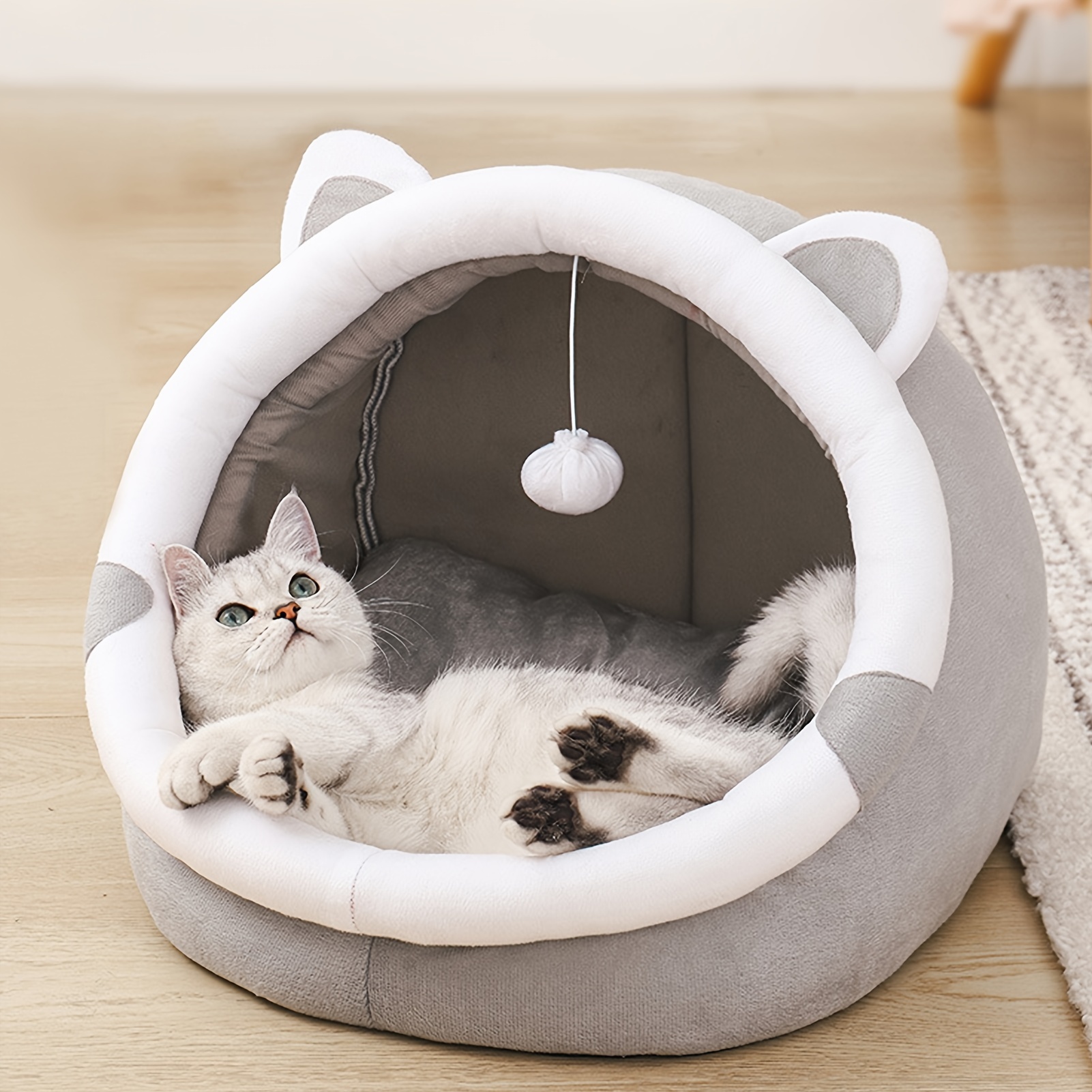 

1-piece Convertible Grey Cat Ear Pet Bed With Dangling Ball Toy, Polyester Fiber Material, Cozy Open-topped Nest For Small To Medium Cats And Dogs, All-season Indoor Sleeping Lounge