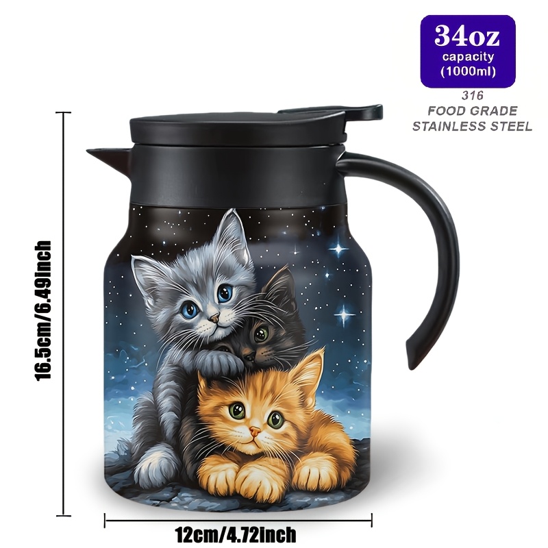 Image of 1pc 34oz Stainless Vacuum Insulated Kettle With Cute Kittens Insulated Coffee Pot, Built-in Filter, Perfect Gift For Office, Home, Travel, Birthday, Christmas