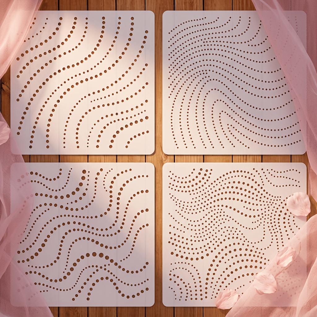 TEMU 4pcs 5x5 Inch Wave Swirl Dot Pattern Stencils Plastic Reusable Wavy Curve Stencils For Painting Drawing Art Scrapbooking Card Making Wall Decor