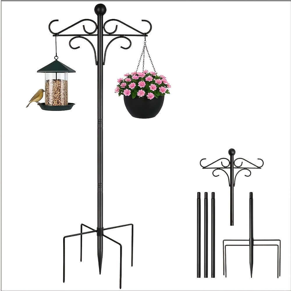 Image of 195cm Shepherd Hook For Bird Feeders, Adjustable Height Heavy Duty Bird Feeder Pole With 5-prong Base, Metal Hanging Stand For Garden Lanterns, Plant Baskets & Lights