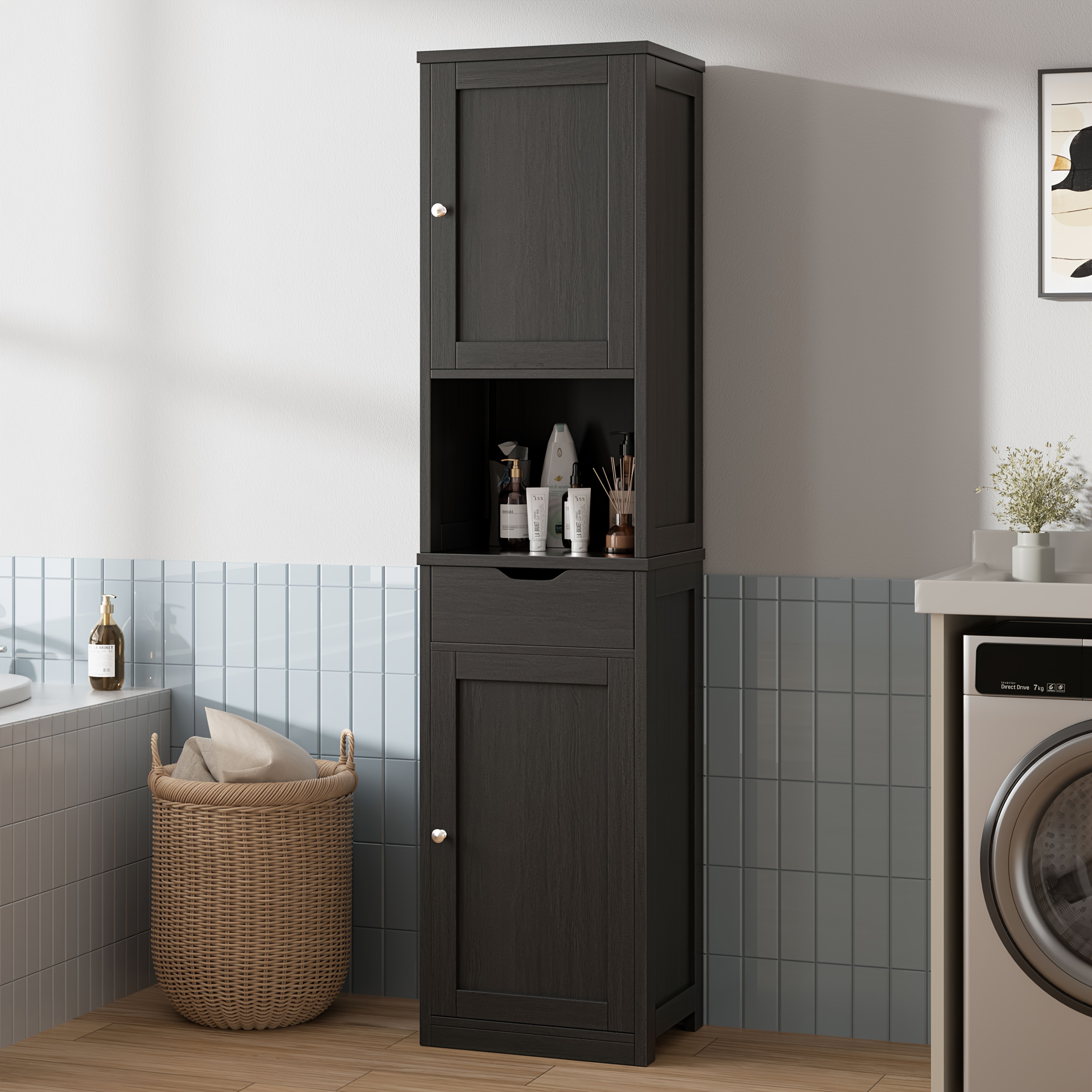 TEMU 5-tier Narrow Freestanding Storage Cabinet With 1 Drawer & 2 Doors - Suitable For Bathroom, Kitchen, Living Room - Space-saving Tower Shelf Unit
