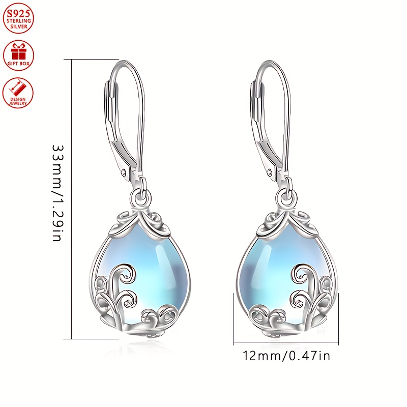 925 Silver Plated Floral Moonstone Dangle Earrings