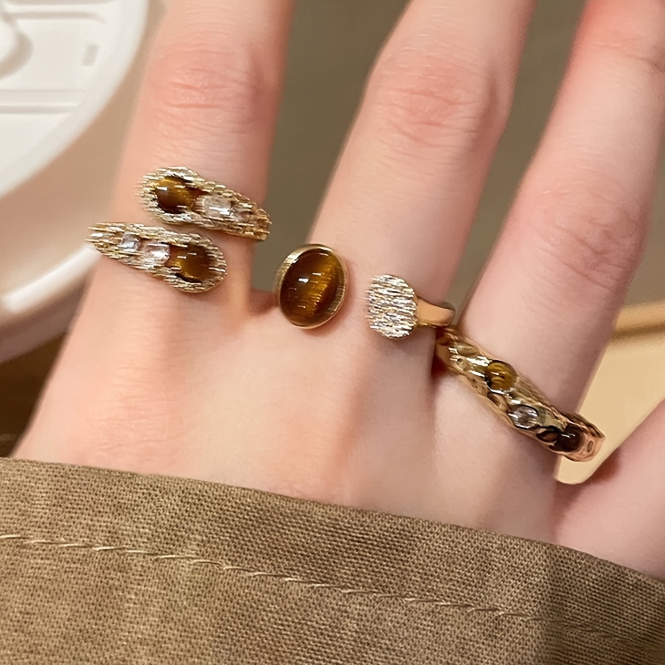 Image of 3pcs Elegant Temperament Casual Old Money Style Luxurious 's Eye Zirconia Inlaid Fashion Ring Set Suitable For Women' Banquet Ball Party Wear