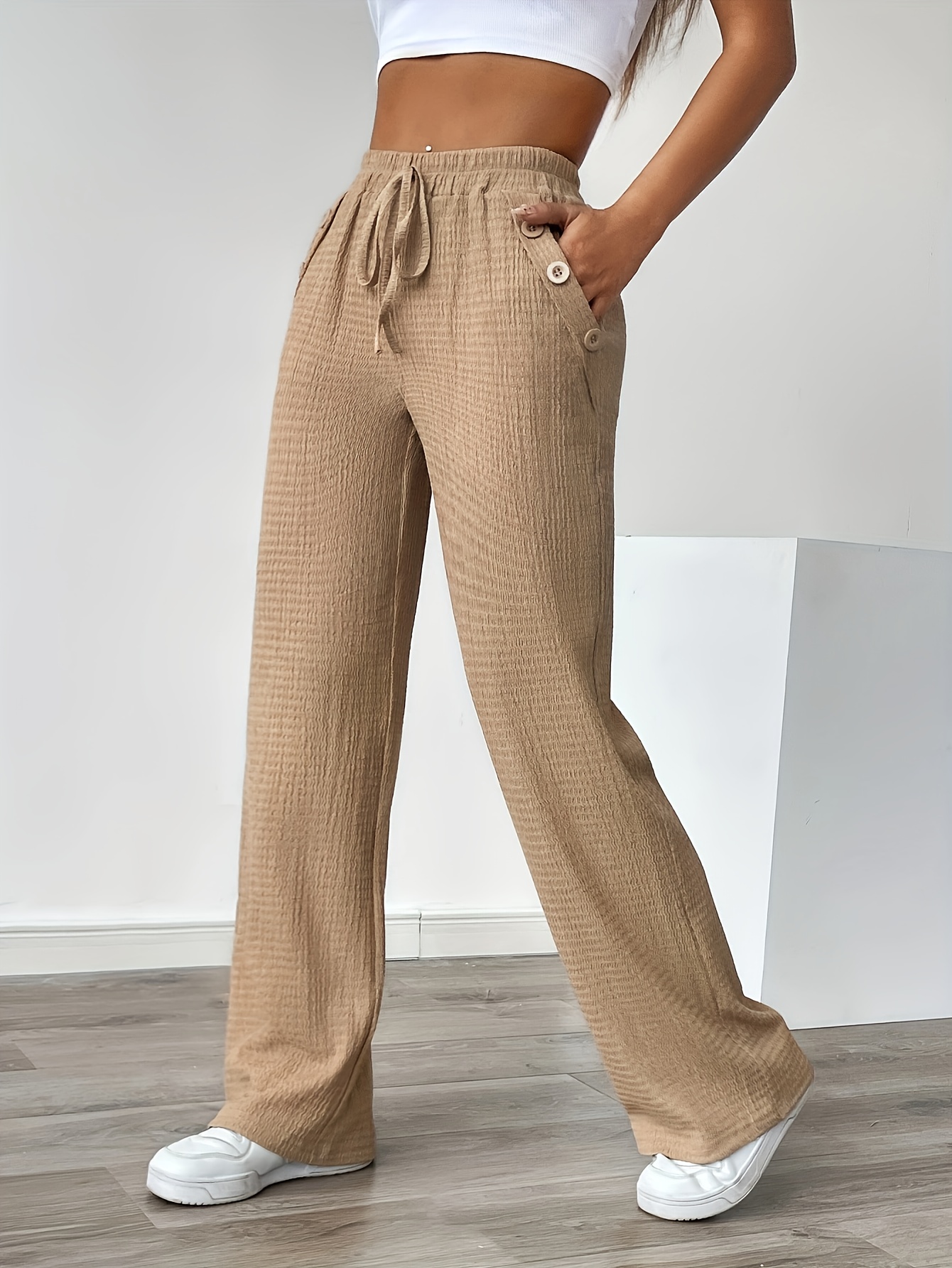 womens solid color pocket button casual loose long pants