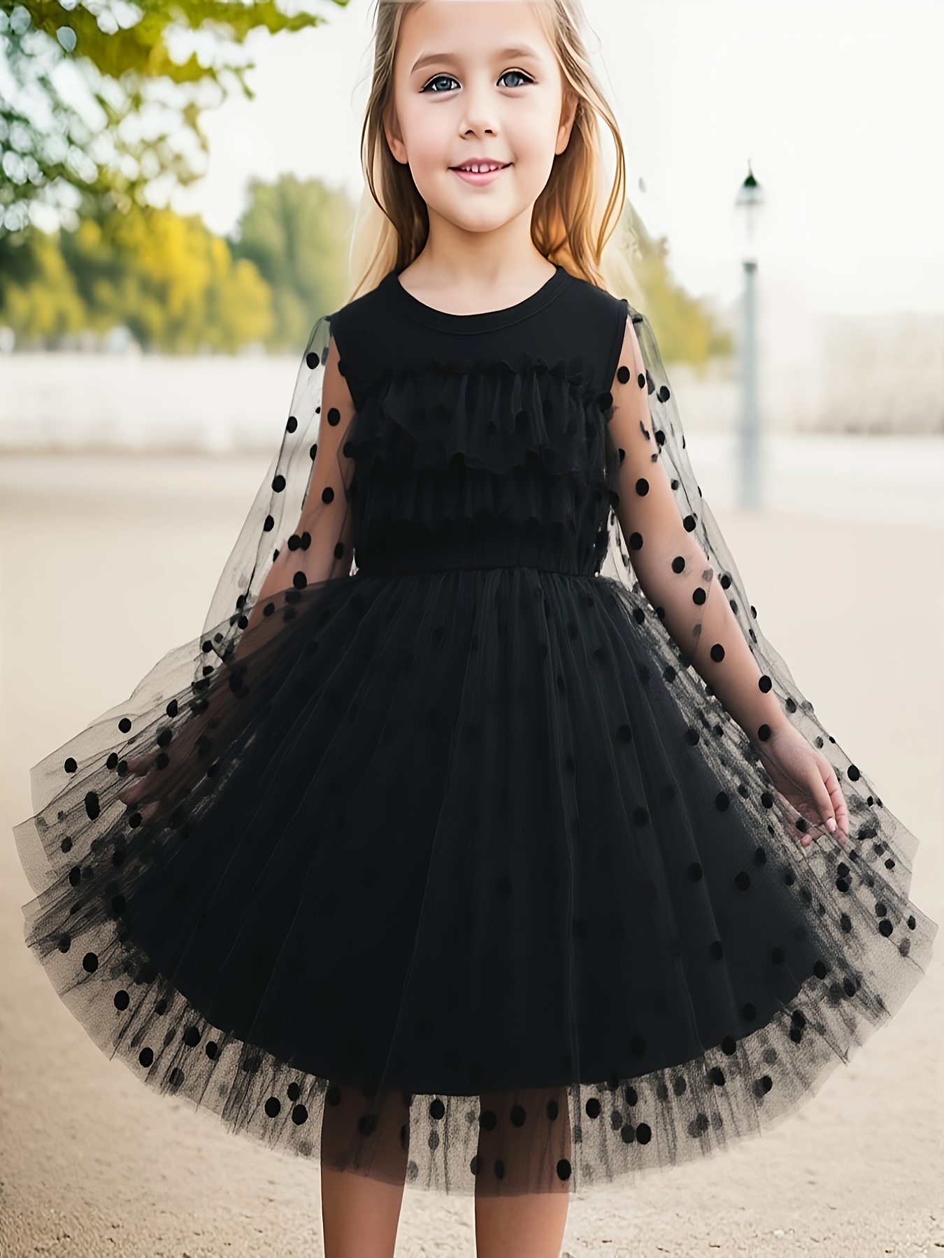 Autumn-Winter Girls' Cute Polka Dot Mesh Solid Color Dress