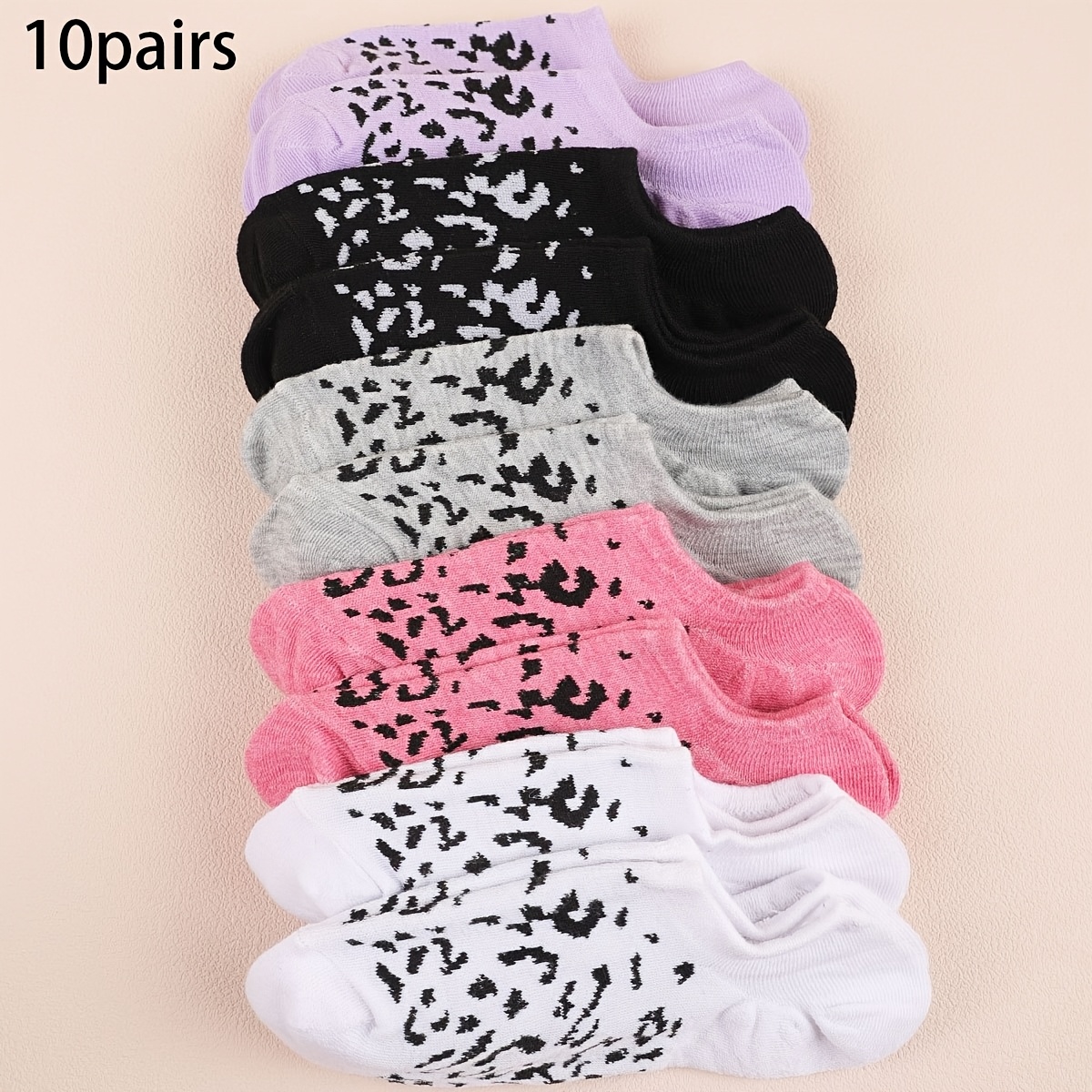 

10 Pairs Of Multicolored Leopard Print Low-cut Invisible Socks For Women, Suitable For All , Casual, Stylish, Cute, Moisture-wicking, And Comfortable.