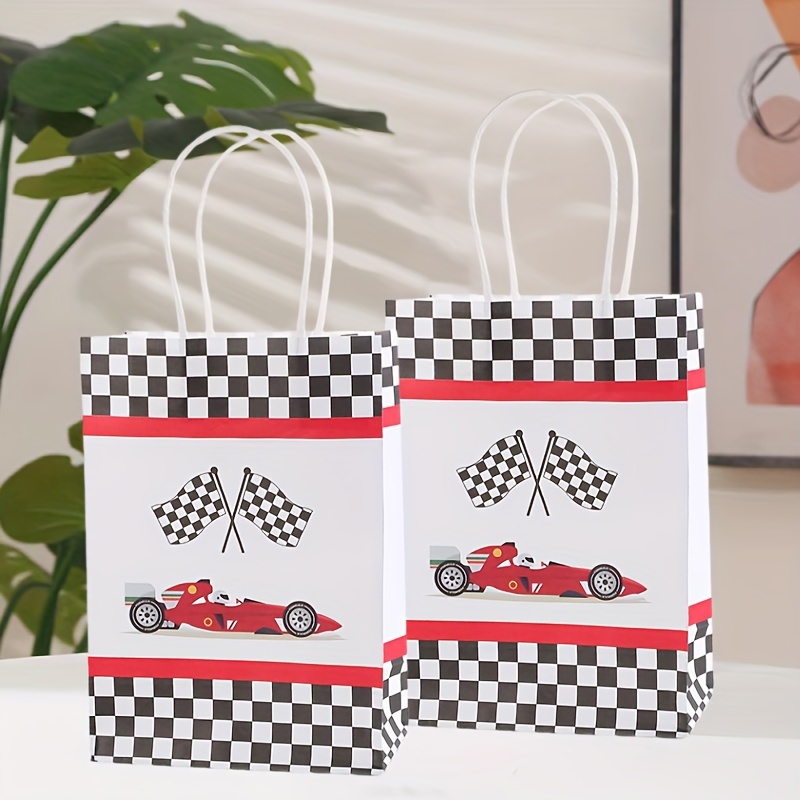 

8/16 Pack Racing Themed Paper Gift Bags - Checkered Design Party Favor Bags For Birthday, Wedding, Bachelor Party - Universal Holiday Decorations For Christmas, New Year, Graduation