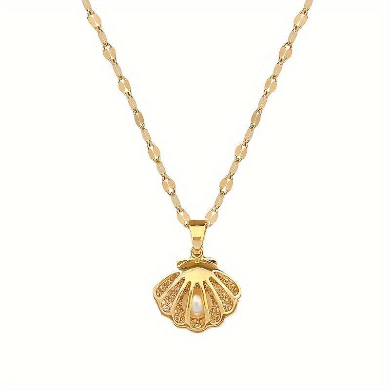 Image of Women's Fashion Hollow Micro-inlaid Zirconia Design Shell Pearl Necklace, Women's Jewelry Gifts