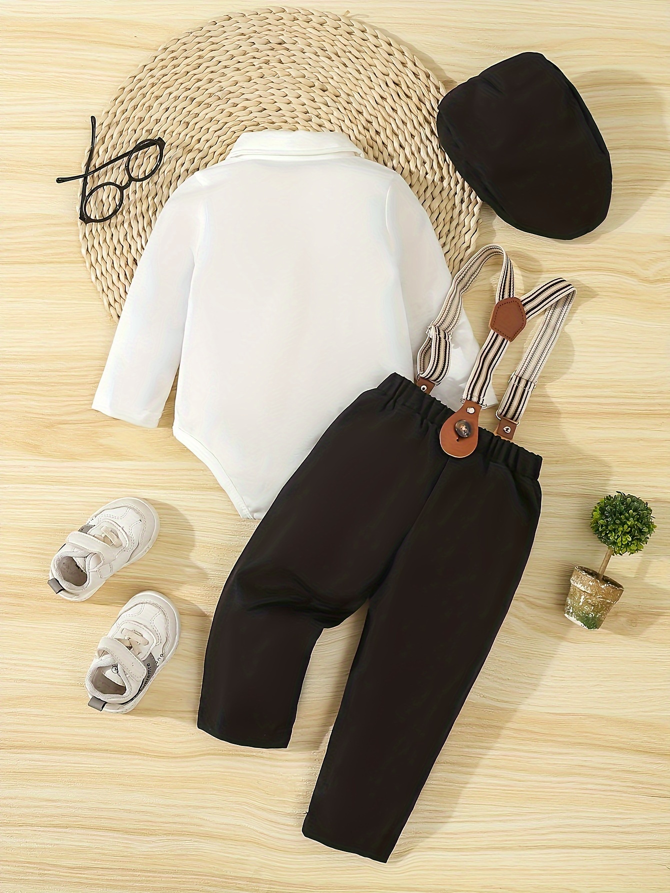 boys 4pcs gentleman outfit set long sleeve romper with bow tie suspenders hat for birthdays weddings special occasions machine washable Product details 26