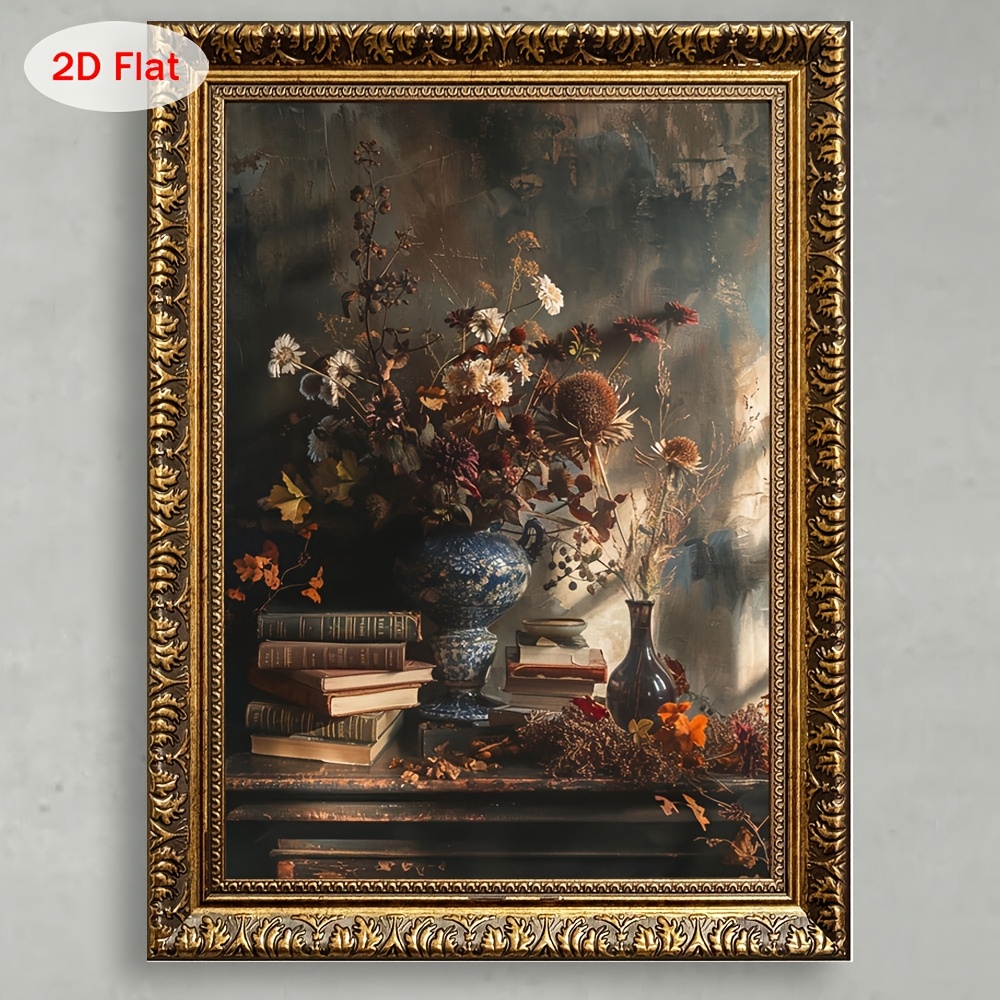 TEMU A Framed Art Piece, 1pc Of 2d Flat 2d Flat 1pc, Vintage Autumn Floral Still Life Painting With Golden, Classic Wall Decoration For Living Room,