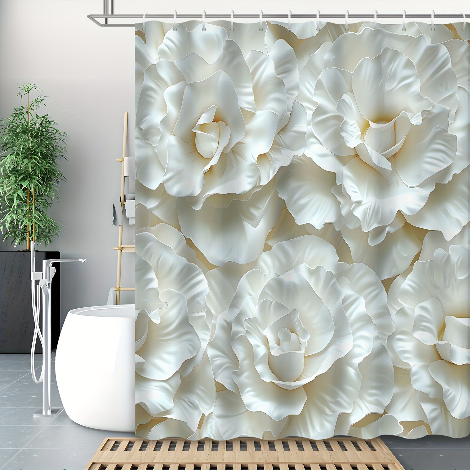 

Water-resistant 3d Embossed Floral Shower Curtain Set With 12 Hooks - Romantic White Flowers Theme, Polyester Arts Curtain For Bathroom Decor, Machine Washable, Grommet Top, All-season