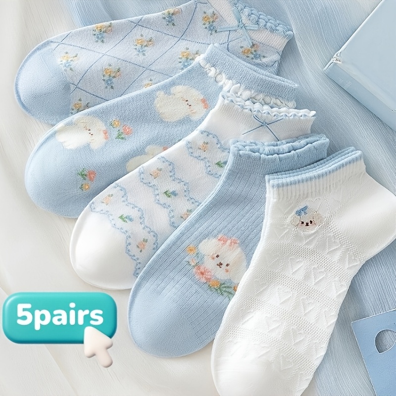 TEMU 5-pair Women's High Elasticity Boat Socks - Low-cut Short Ankle Socks With Cute Puppy Pattern, Breathable Thin Suitable For Spring/summer,