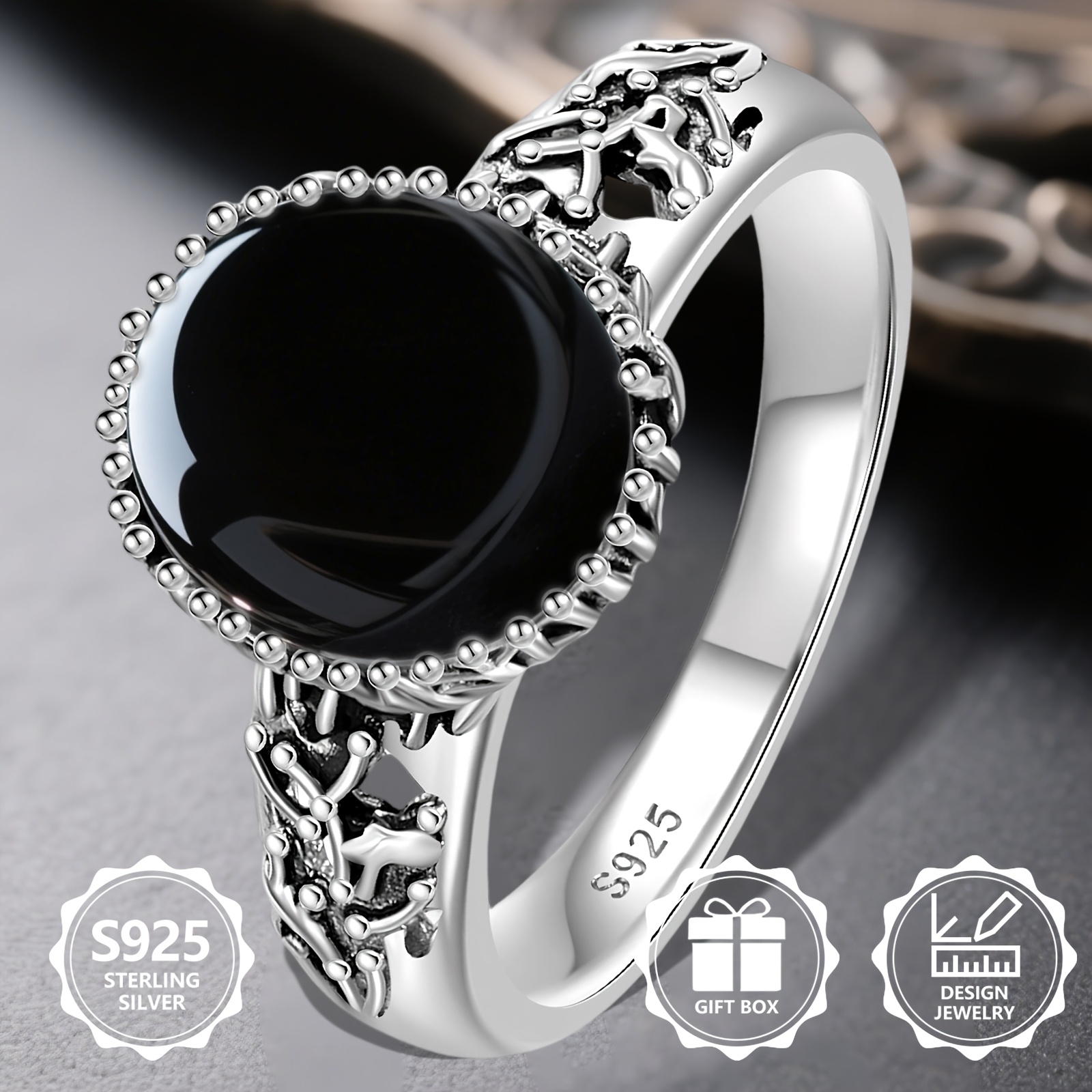 Women's 925 Sterling Silver Round Agate Ring, Vintage Vine Design