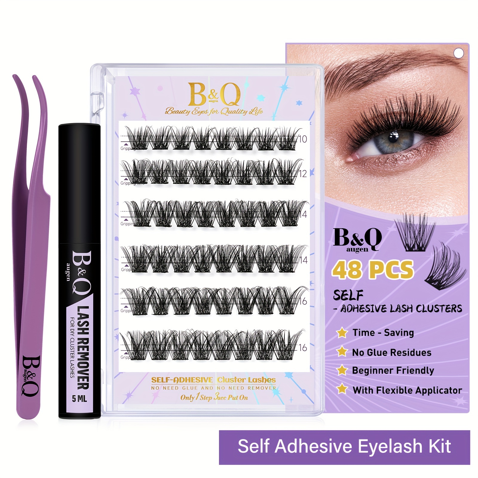 

Self Adhesive Eyelashes 48 Pcs Reusable Adhesive Eyelashes Pre- Lashes D Eyelashes 10-16mm With Lash Tweezers & Remover 1 Step Diy Lash Self To Apply For Christmas