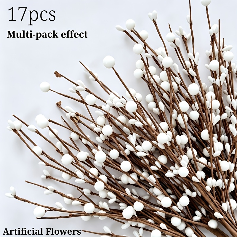 TEMU 17pcs Christmas Thanksgiving Artificial White Solid Berry Flower Stems, Autumn Winter Christmas Artificial Flower Decor, Hand-twisted Stems,
