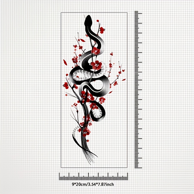 Image of A Set Of 4 Chinese-style Vintage Plum And Snake Cosplay Flower Arm Tattoo Stickers, Waterproof, Long-lasting, And Realistic. To Or Thighs, Lasting 1-5 Days. Trendy Tattoo Stickers For Men And Women