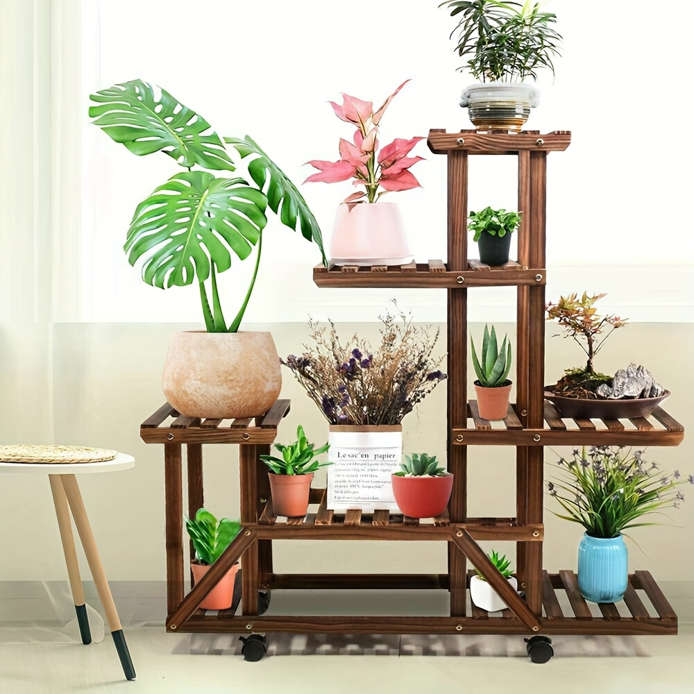 Temu Large Six-Tier Flower Planter Rack With Wheels, Perfect For Displaying Plants. Made Of Pine Wood, Suitable For Garden Decor On Patios, , , And-image