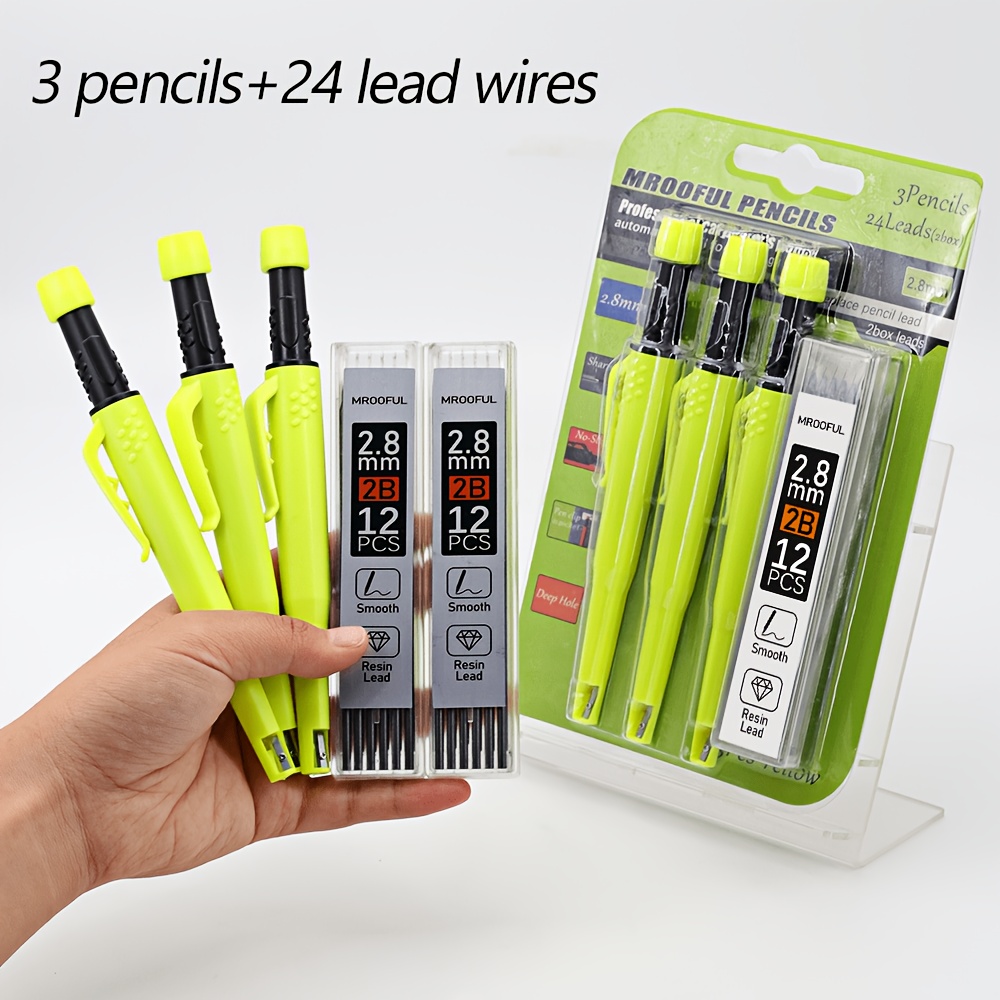 carpenters pencil set 2 8 mm solid color mechanical drafting pencils built in sharpener anti roll clip high capacity leads that are less   to break marking pens mechanical pencils 3 pencils 24 lead wires